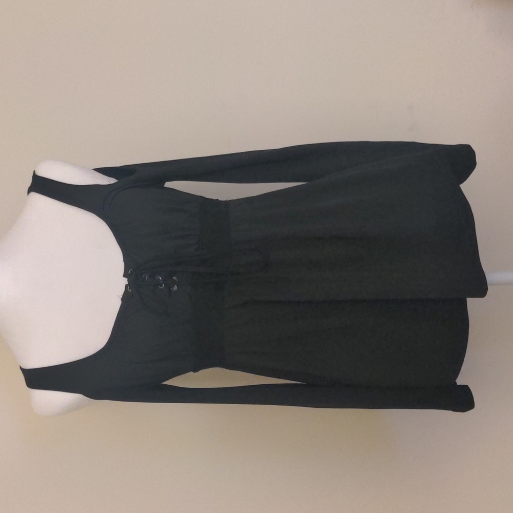Black Lace-Up Women's Top Size Small Split Shoulder Boho